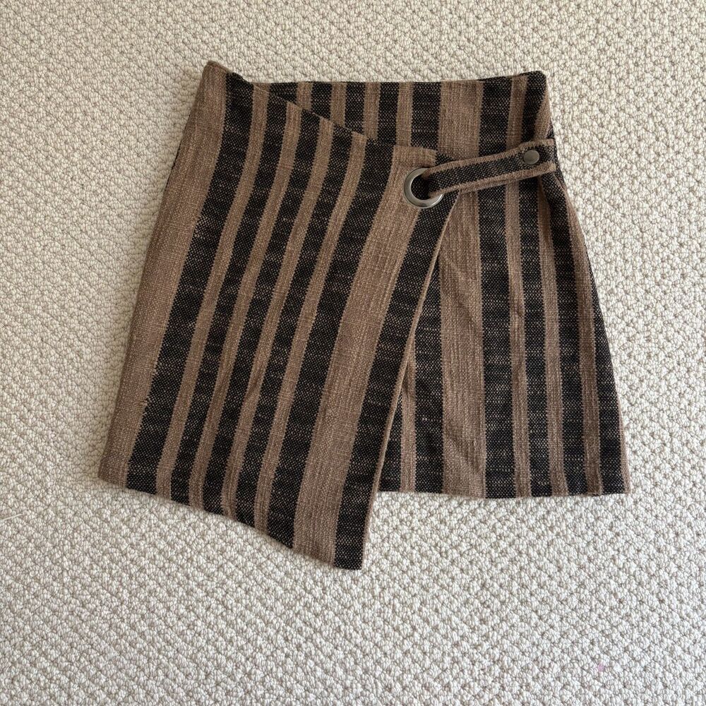 Free People It's A Wrap Skirt Striped Black & Brown Button Mini Size S Bohemian